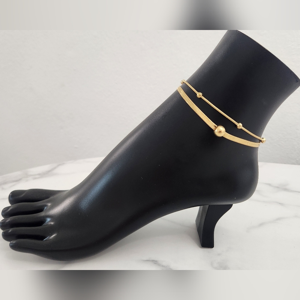 Gold Plated Double Layer Anklet Herringbone Blade Snake Chain Bead Anklet Y2K - Picture 3 of 13